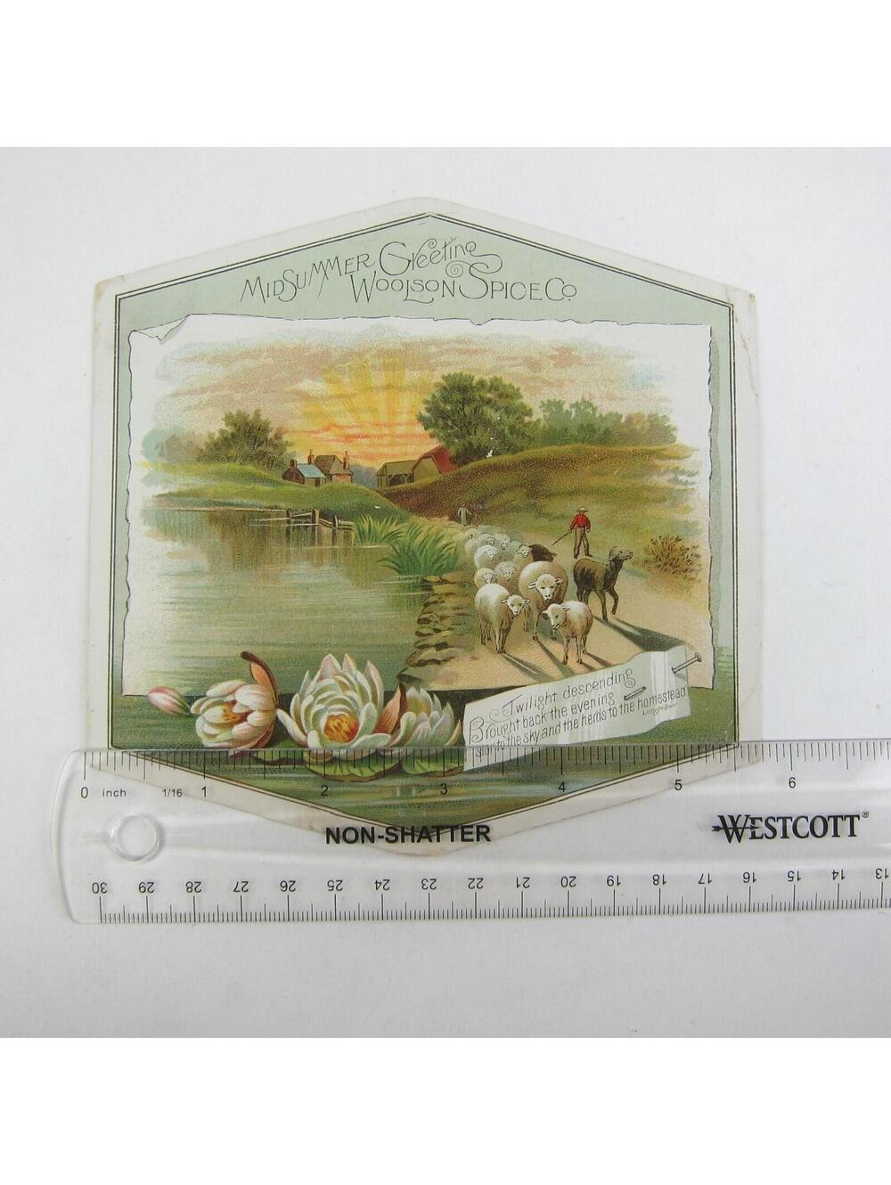 Victorian Trade Card Woolson Spice Co Shepherd Sheep Pond Farm House Flowers Sun - Picture 10 of 12